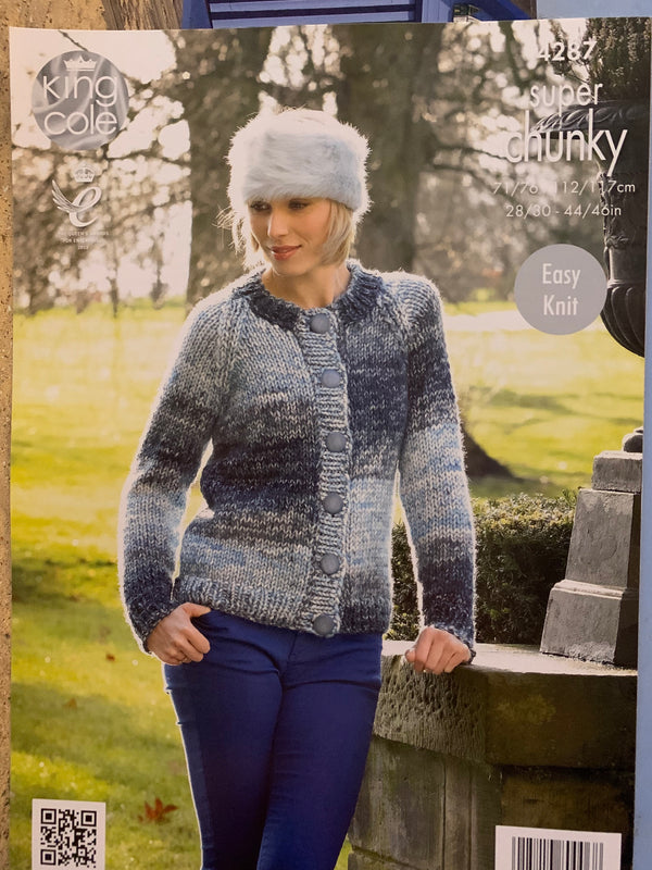 King Cole 4287 Super Chunky Ladies V Neck & Round Neck Cardigan knitting pattern