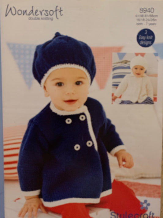 8940 Stylecraft Wondersoft DK baby child coats and berets knitting pattern