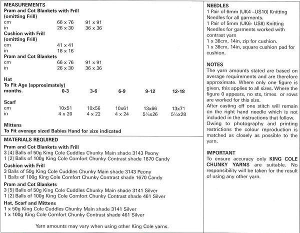 4974 King Cole Cuddles and Comfort chunky pram and cot blankets, cushion and hat, scarf and mittens knitting pattern