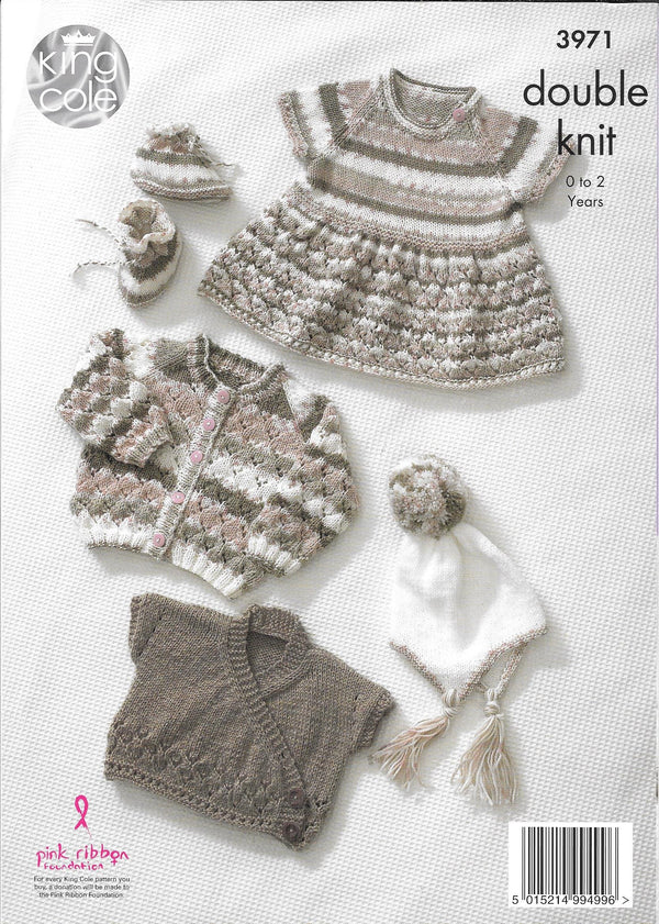 King Cole 3971 DK Comfort Prints and Comfort baby - 0 - 2 yrs Dress, Cardigan, Wrap over waistcoat, hat and bootees knitting pattern