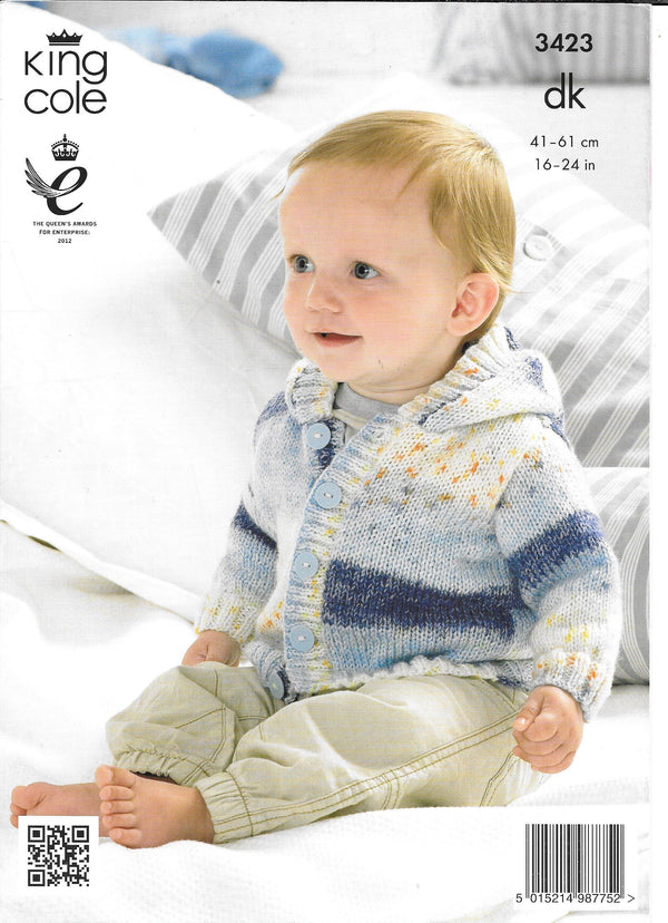 King Cole 3423 - Dk, Baby / Child Hooded Cardigan, Collared cardigan & Hat knitting pattern