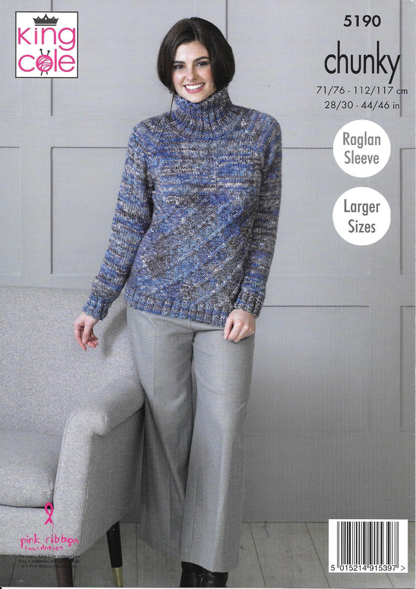 5190 King Cole Chunky Ladies Round Neck and Polo Neck Sweater Knitting Pattern