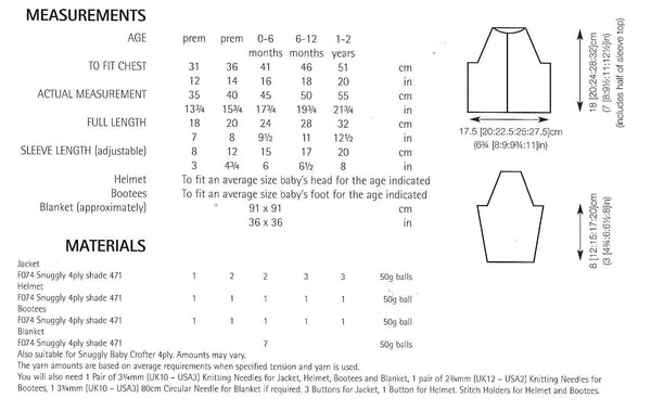 Sirdar 4686 Snuggly 4 ply Premature to 2 years Jacket, Helmet, Bootees and Blanket knitting pattern