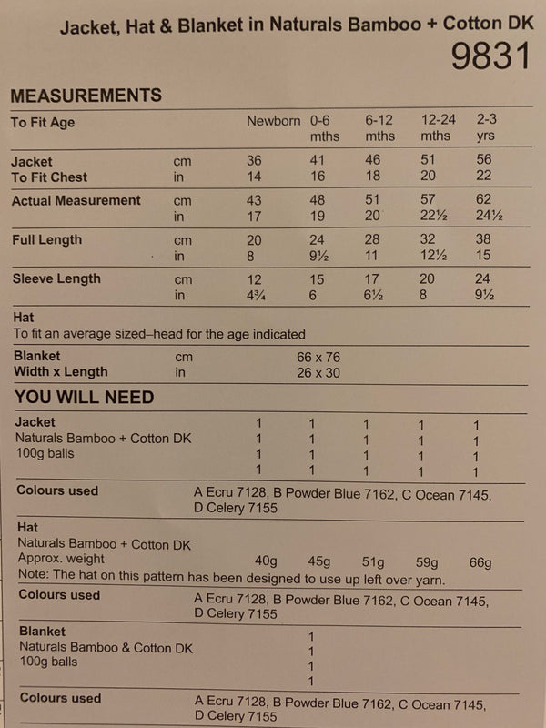 9831 Stylecraft Naturals bamboo and cotton baby jacket, hat and blanket knitting pattern