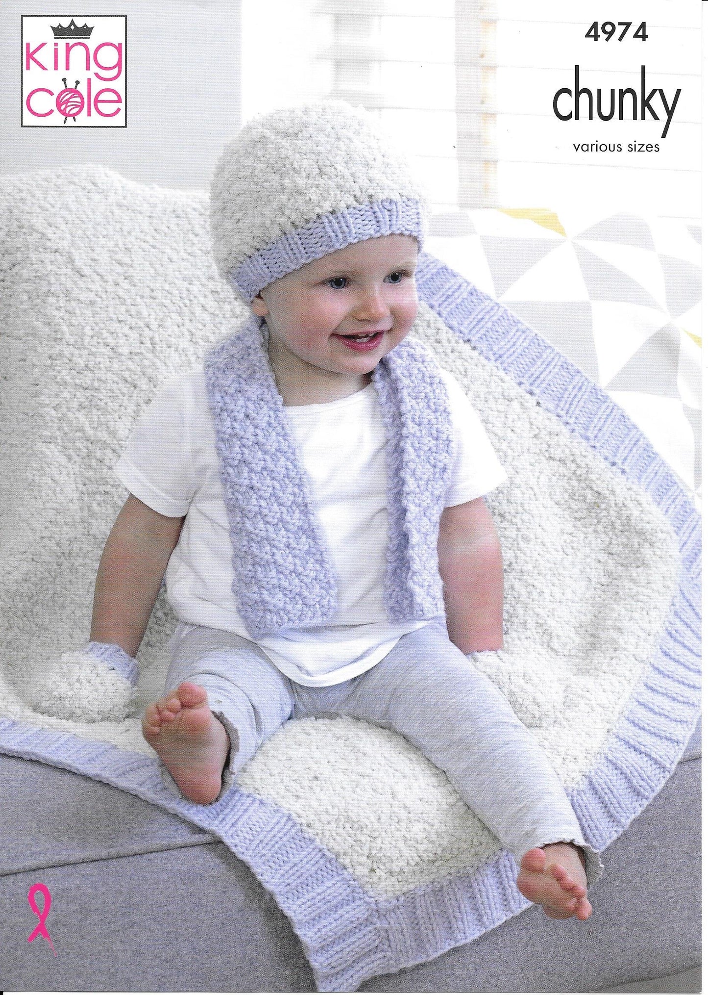 4974 King Cole Cuddles and Comfort chunky pram and cot blankets, cushion and hat, scarf and mittens knitting pattern