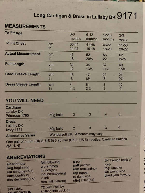 Stylecraft 9171 Lullaby DK baby long cardigan & dress knitting pattern