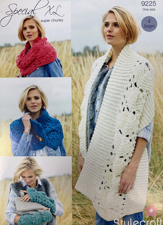 9225 Stylecraft Special XL super chunky ladies scarf, snood, mitts and button scarf knitting pattern