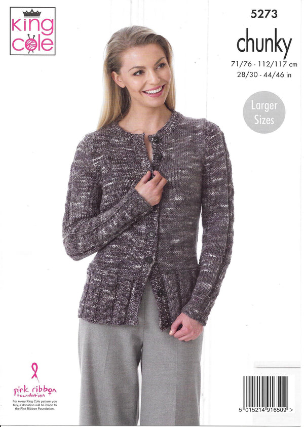 5273 King Cole Chunky Ladies Sweater, Cardigan and Hat Knitting Pattern