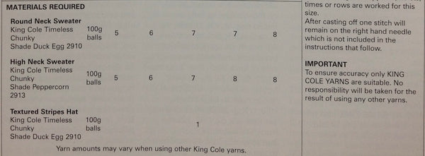 5178 King Cole Chunky Sweaters and Hat Knitting Pattern