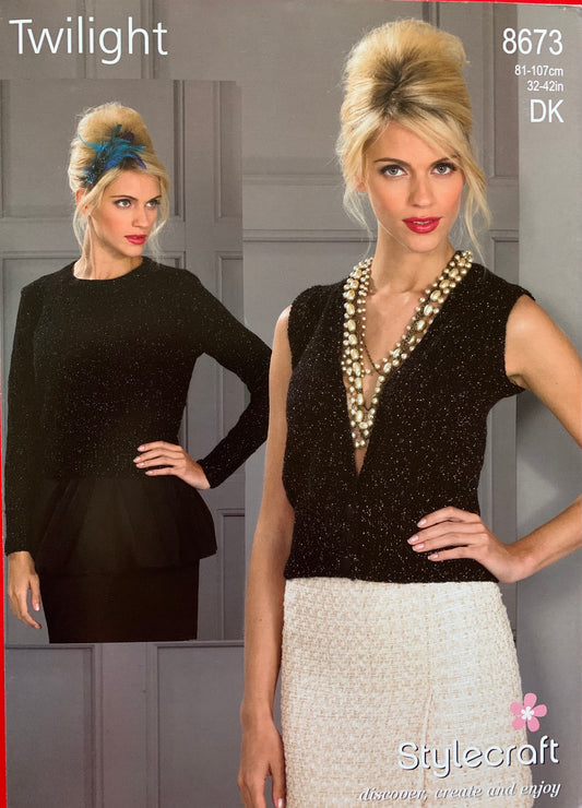 8673 Stylecraft Twilight dk ladies waistcoat and sweater knitting pattern