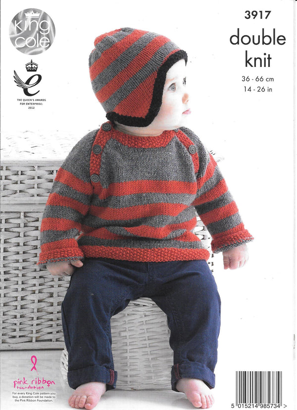 King Cole 3917 DK Baby - Child Jumper with or without buttons and Hat knitting pattern