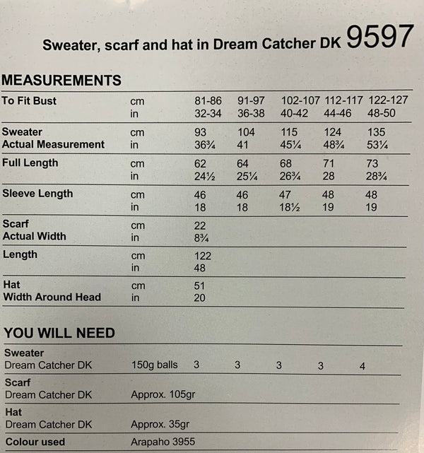 9597 Stylecraft Dream Catcher dk ladies sweater, scarf and hat knitting pattern