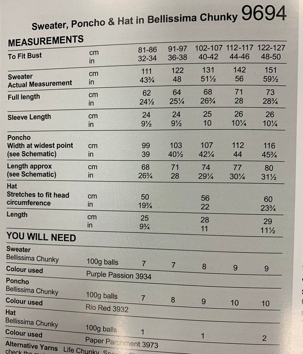 9694 Stylecraft Bellissima chunky ladies poncho, sweater and hat knitting pattern