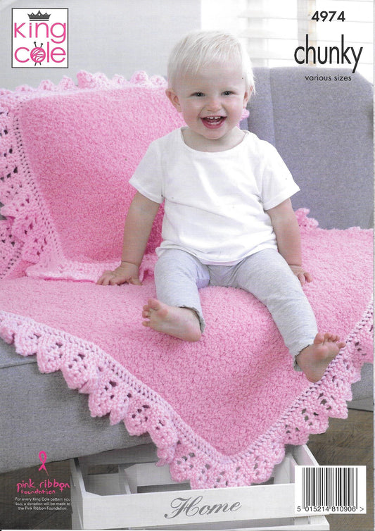 4974 King Cole Cuddles and Comfort chunky pram and cot blankets, cushion and hat, scarf and mittens knitting pattern