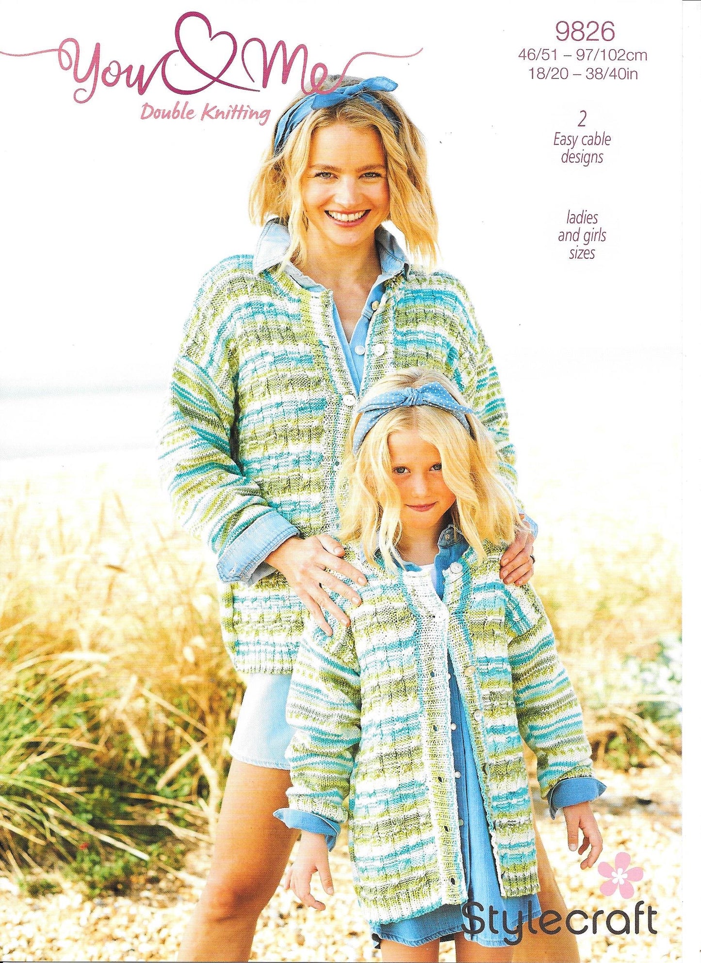 9826 Stylecraft You & Me dk lady and girl cardigan and sweater knitting pattern