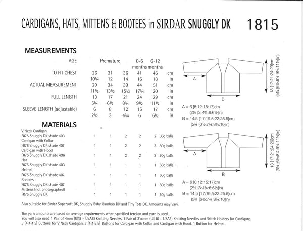 Sirdar 1815 Snuggly Dk Baby Cardigans, Hats, Bootees and Mittens knitting pattern