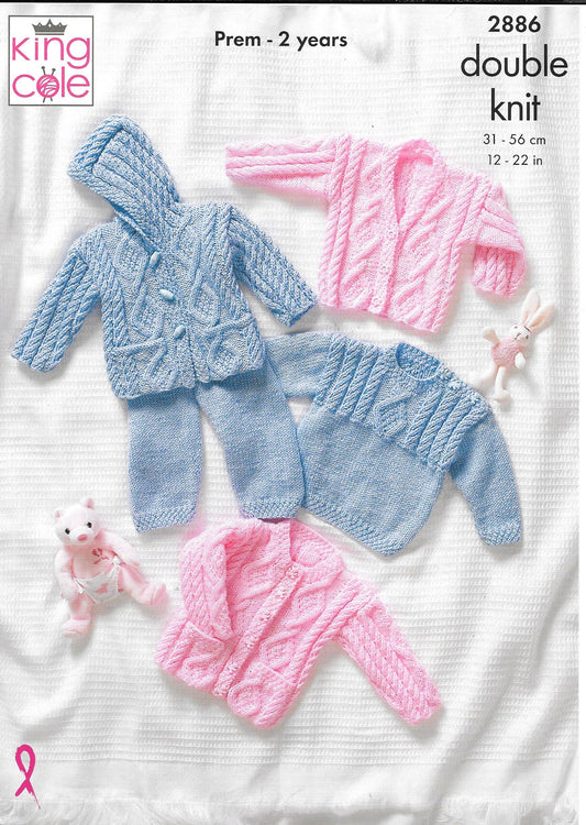 King Cole 2886 Dk - Premature - Childs Sweater, Hooded Jacket and Cardigan, Trousers knitting pattern