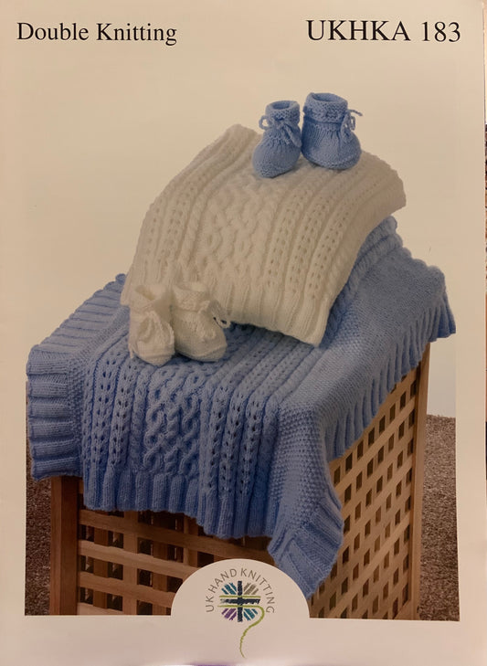 UKHKA 183 Double Knitting Baby Blanket and Bootees knitting pattern
