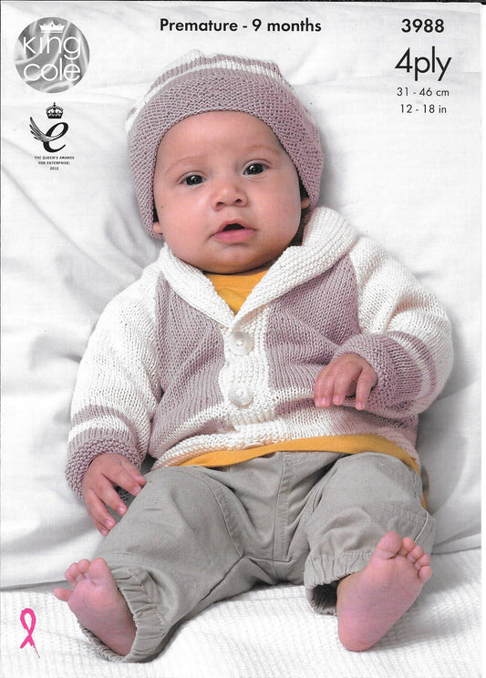 3988 King Cole bamboo cotton 4 ply premature, baby matinee coat and cardigan plus hats knitting pattern