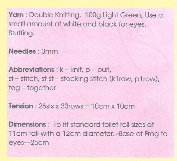 KBP036 Bog Frog Toilet Roll Cover in Dk knitting pattern