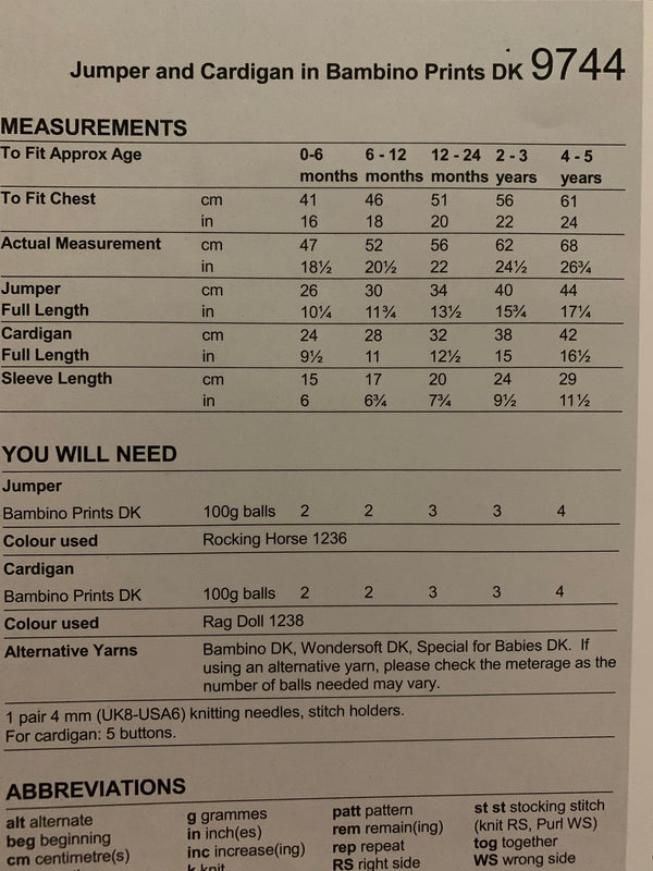 9744 Stylecraft baby Bambino prints dk baby cardigan sweater knitting pattern