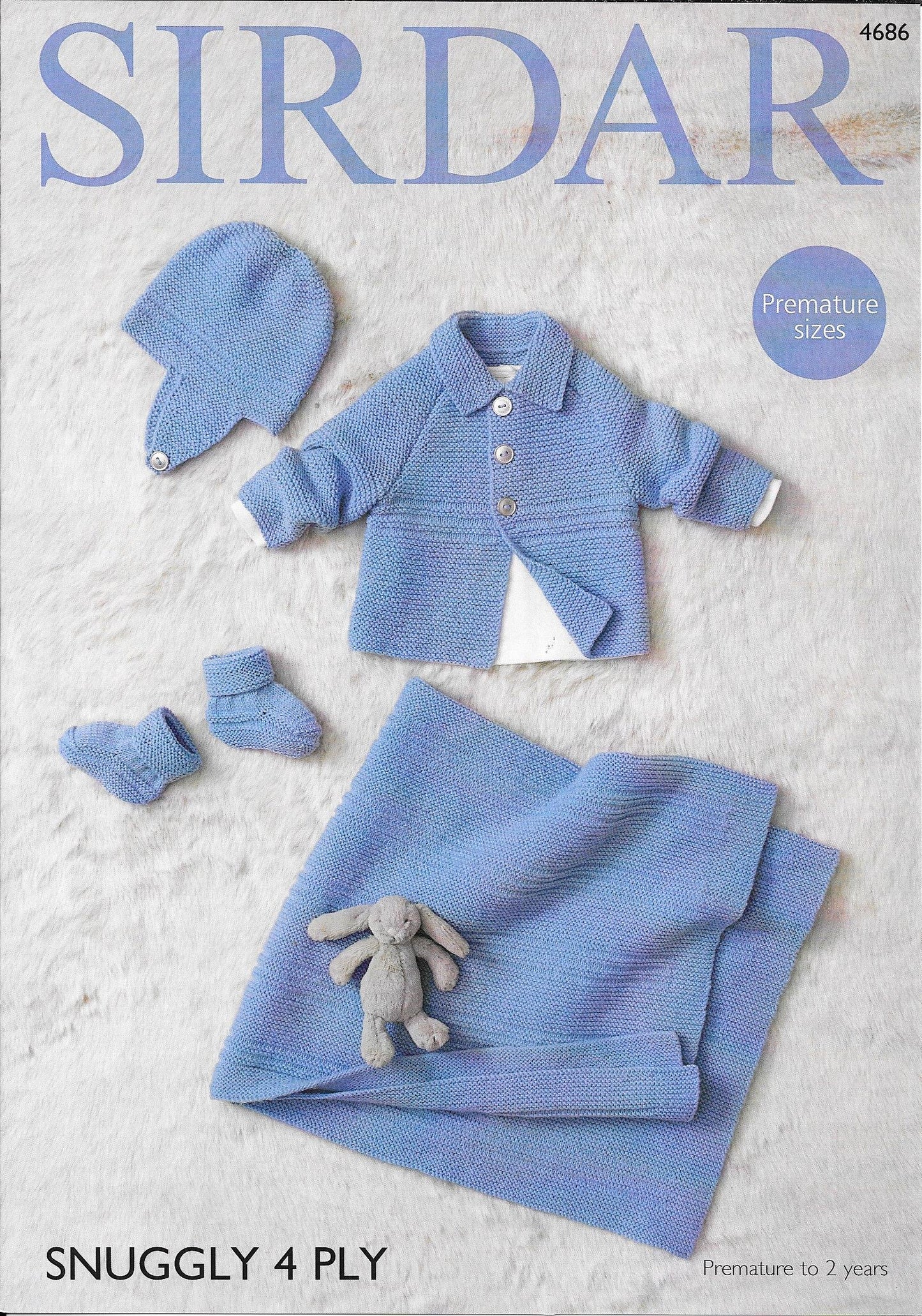 4686 Sirdar Snuggly 4 ply premature to 2 years jacket, helmet, bootees and blanket knitting pattern