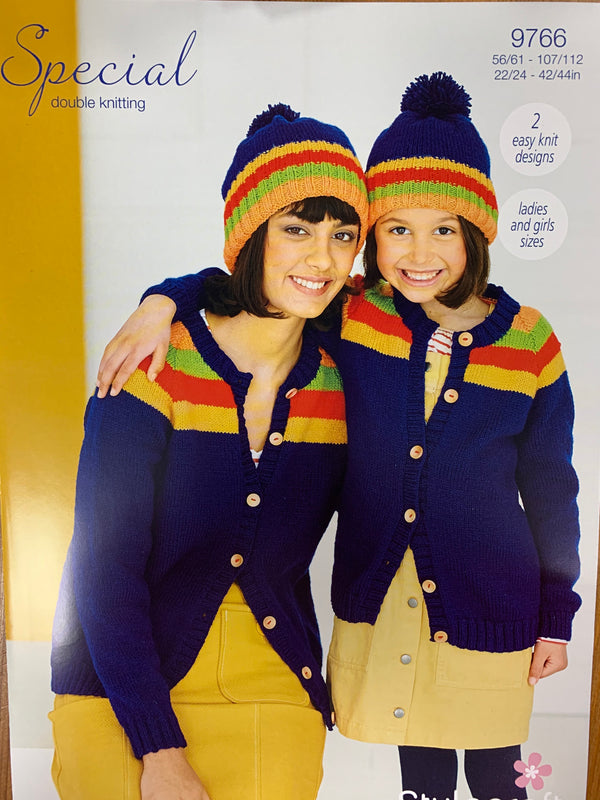 9766 Stylecraft Special dk ladies and child cardigan and hat knitting pattern