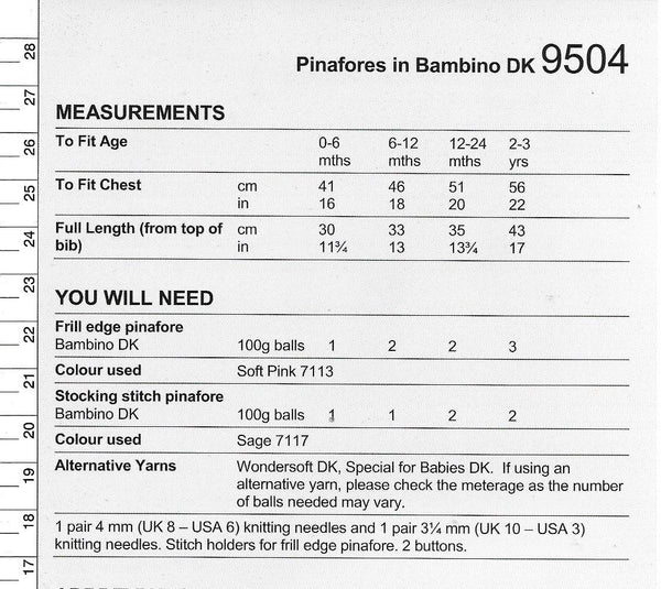 9504 Stylecraft Bambino dk child pinafore knitting pattern