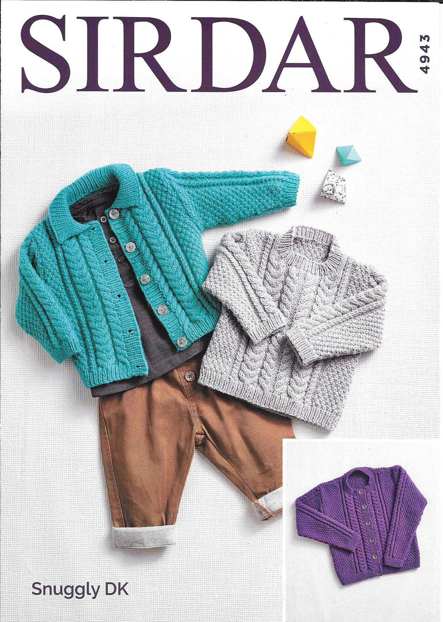 4943 Sirdar Snuggly Dk birth - 7 years round neck and cardigan flat collar, round neck sweater knitting pattern