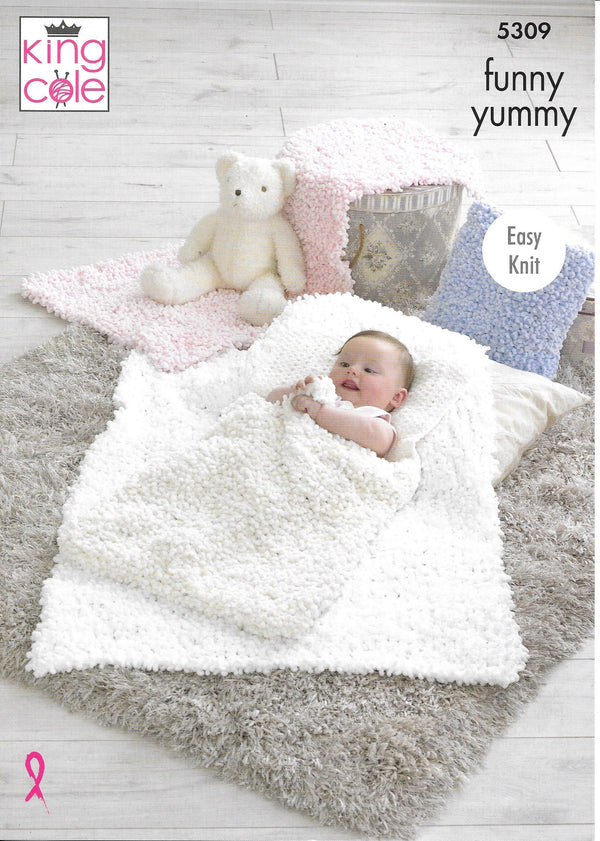 King Cole 5309 Funny Yummy Cot Blanket, Pram Cover, Sleeping Bag & Cushion Knitting pattern