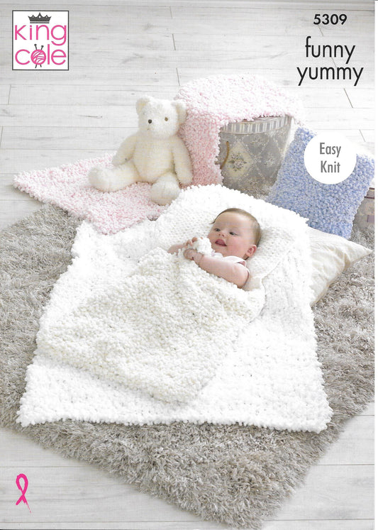 King Cole 5309 Funny Yummy Cot Blanket, Pram Cover, Sleeping Bag & Cushion Knitting pattern