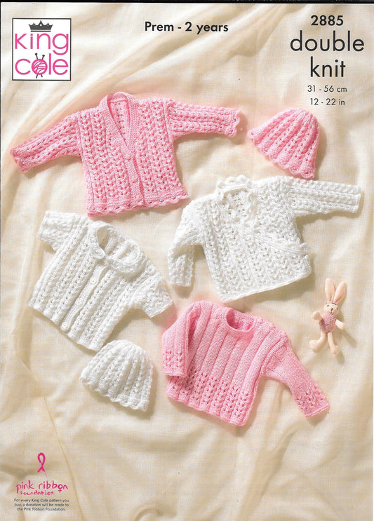 2885 King Cole DK Baby, Child V-neck, Round neck Cardigans, Sweater, Crossover Cardigan and hat knitting pattern