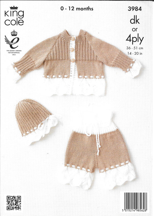 King Cole 3984 DK or 4 ply Baby Jacket, Pants and Hat knitting pattern