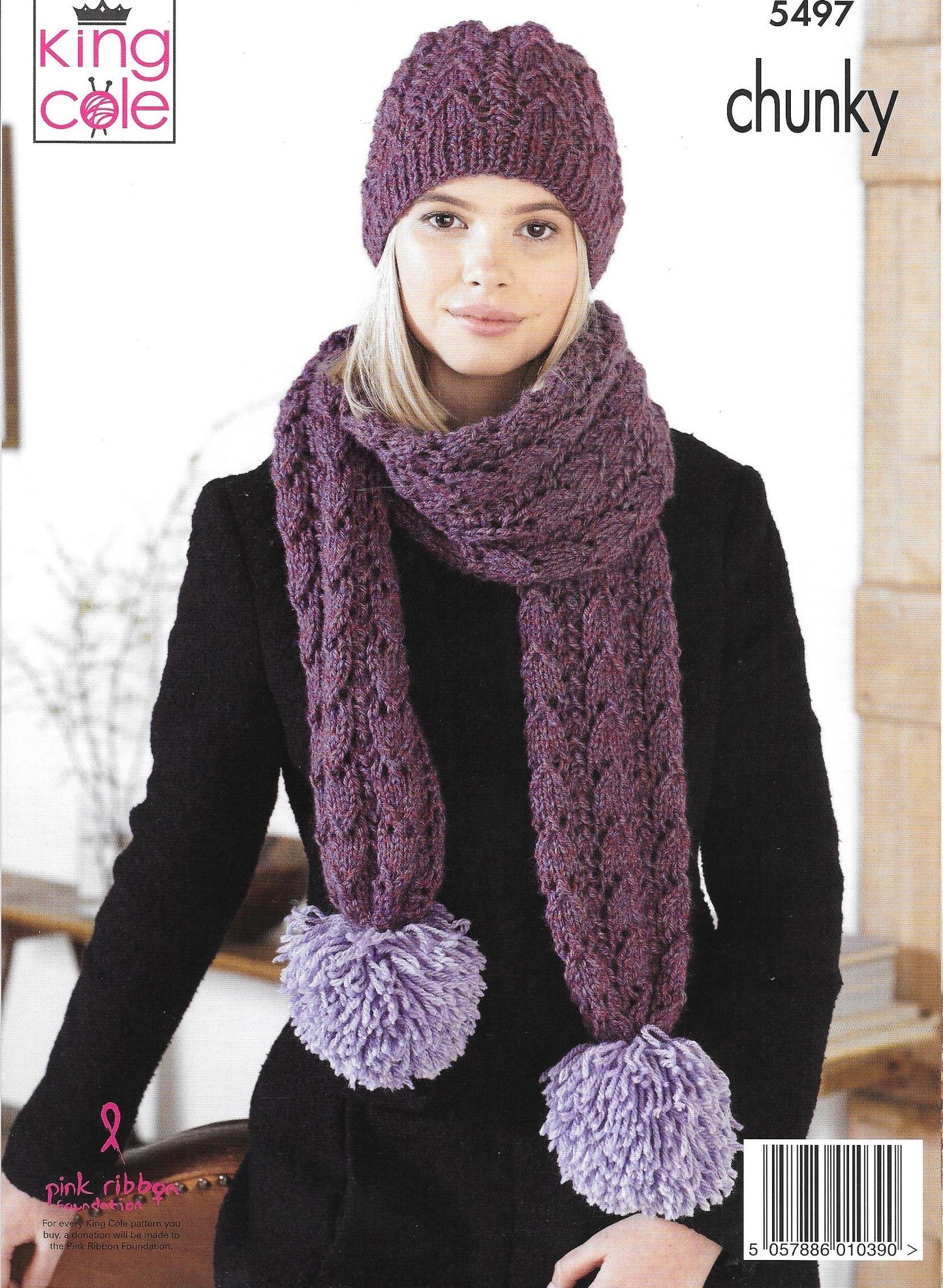 5497 King Cole Big Value Poplar Chunky ladies cardigan, scarf and hat knitting pattern