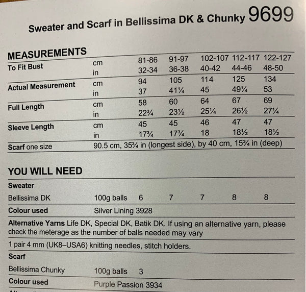 9699 Stylecraft Bellissima Dk & Chunky Ladies Sweater and scarf knitting pattern