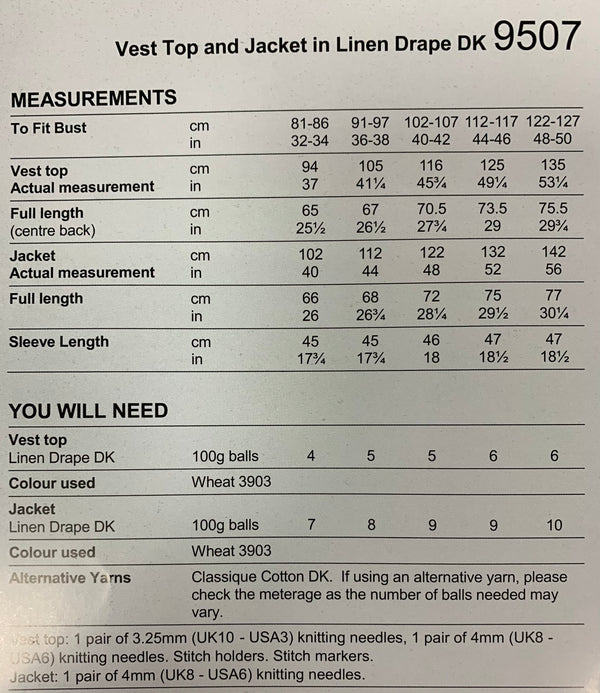 9507 Stylecraft Linen Drape dk ladies jacket and vest knitting pattern