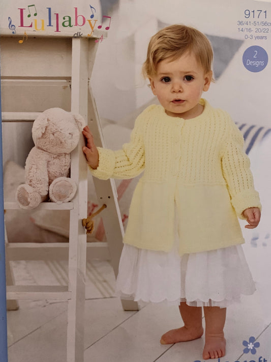 9171 Stylecraft Lullaby DK baby long cardigan & dress knitting pattern