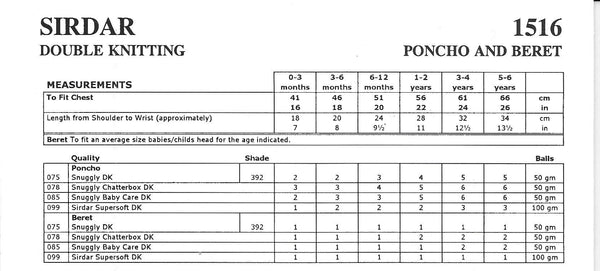 Sirdar 1516 Snuggly Dk Baby Child Poncho and Beret Knitting Pattern