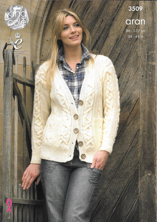 3509 King Cole Fashion Aran ladies cardigan and gilet knitting pattern