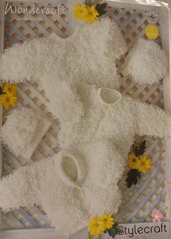 4554 Stylecraft Wondersoft dk baby cardigans, bonnet and hat knitting pattern