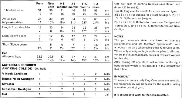 King Cole 2885 DK Baby, Child V-neck, Round neck Cardigans, Sweater, Crossover Cardigan and hat knitting pattern