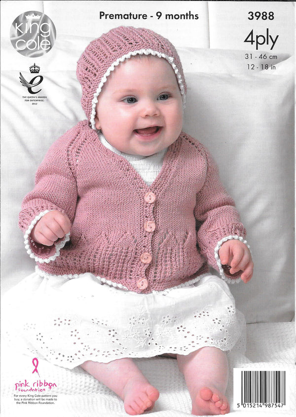 King Cole 3988 Bamboo Cotton 4 ply Premature - 9 mths Baby Matinee Coat and Cardigan plus hats knitting pattern