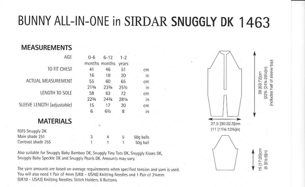 Sirdar 1463 Snuggly DK Bunny All-in-One knitting pattern