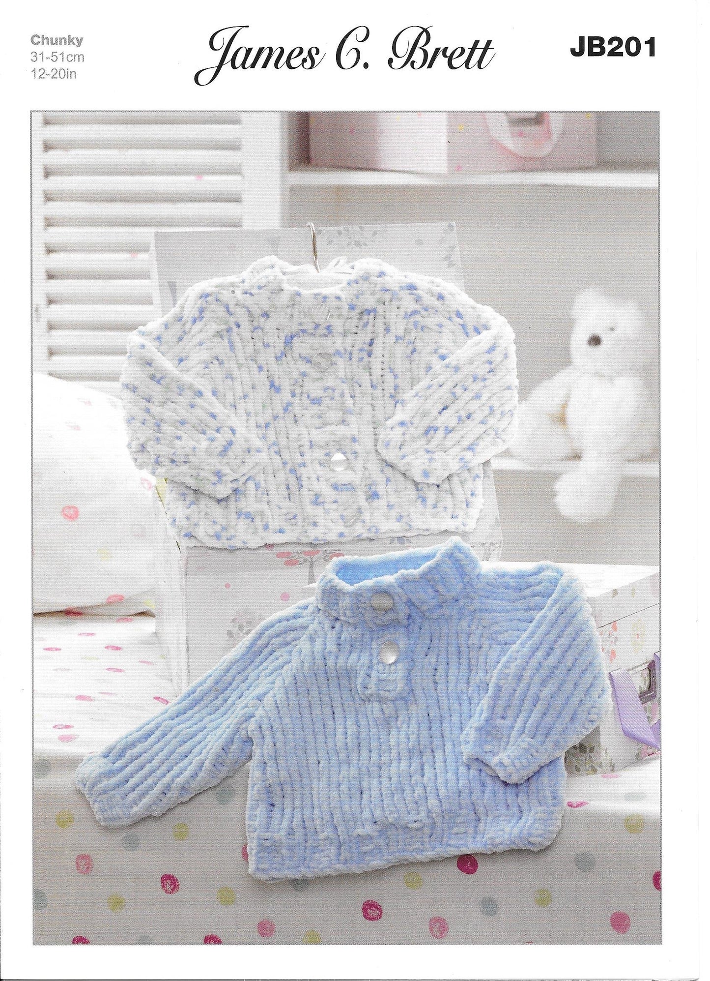 JC201 James C Brett Flutterby Baby Cardigan and Sweater knitting pattern