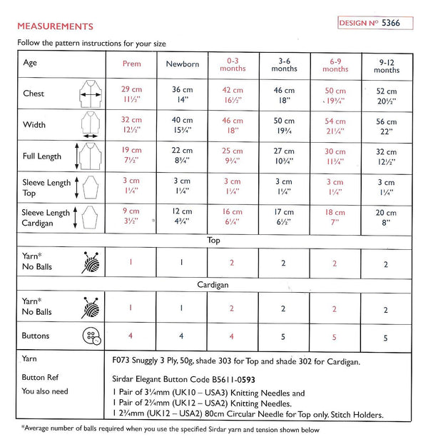 Sirdar 5366 Snuggly 3ply Baby Top and Cardigan Knitting Pattern