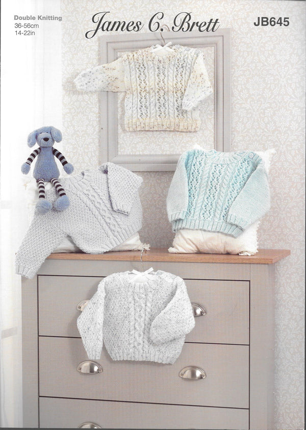 JB645 James C Brett Rainbow Sprinkles and Innocence DK baby sweaters knitting pattern