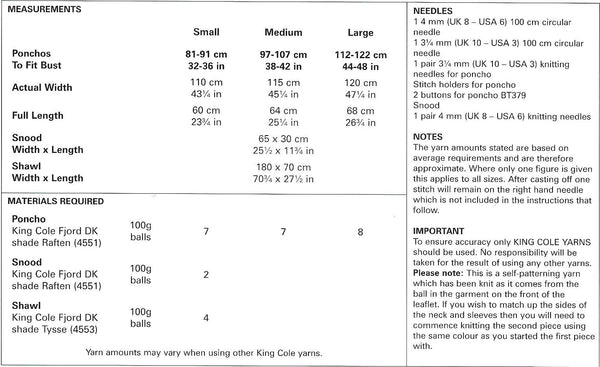 5652 King Cole Fjord dk ladies poncho, snood and shawl knitting pattern