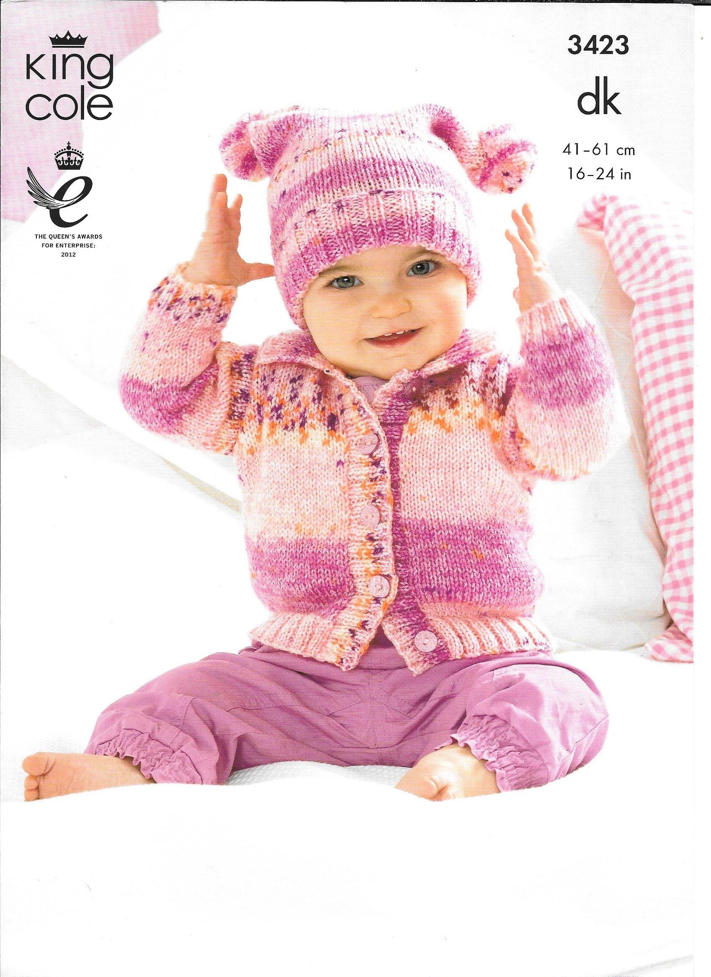 3423 King Cole Dk Splash baby, Child Hooded cardigan, collared cardigan and hat knitting pattern