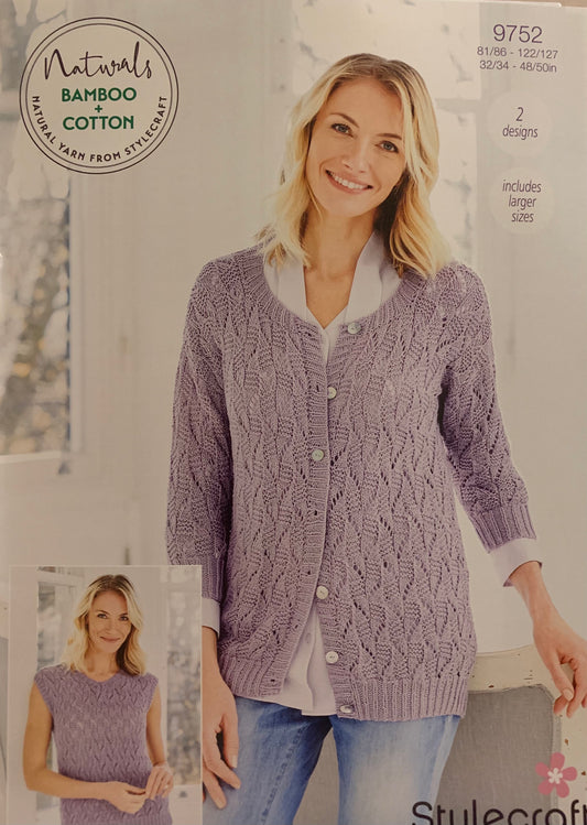 Stylecraft 9752 Naturals Bamboo & Cotton DK Ladies Cardigan & Vest knitting pattern