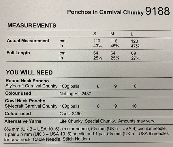 9188 Stylecraft Carnival chunky ladies poncho round and cowl neck knitting pattern